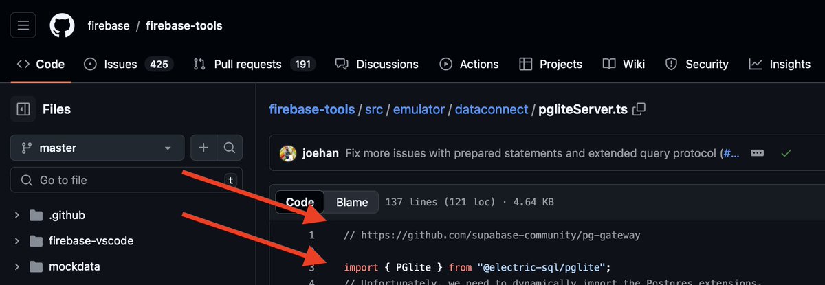 kiwicopple's tweet photo. the @Firebase Data Connect emulator is using:

◆ pglite by @ElectricSQL
◆ pg-gateway by @supabase

... and this is awesome. This is 100% how open source should work. More collaboration helps everyone - many thanks to the Firebase team 🫡