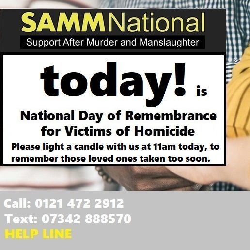 SAMMNational's tweet photo. Today is National Day of Remembrance for Victims of Homicide - 25th Sept.. 
We will be lighting a candle at 11am on behalf of all loved ones taken too soon @SAMMNational.
Please join us and upload a photo of your candle here and any names of loved ones you would like to remember https://t.co/mKEM7VmYyD