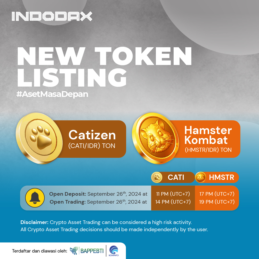 We are pleased to announce a new Crypto Asset that will be added to the  INDODAX marketplace, Hamster Kombat (HMSTR) @hamster_kombat and Catizen  (CATI) @CatizenAI For more information https://t.co/B406kF5gLG #INDODAX  #AsetMasaDepan