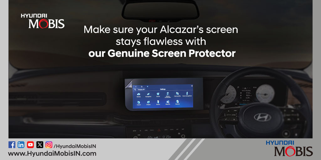 HyundaiMobisIN's tweet image. Protect your tech in style! The Alcazar's sleek infotainment system deserves the best. Our Genuine Screen Protector keeps your display crystal clear while guarding against scratches and smudges.
 #TechProtection #ScreenProtector #AlcazarStyle #GenuineAccessories #SleekDesign