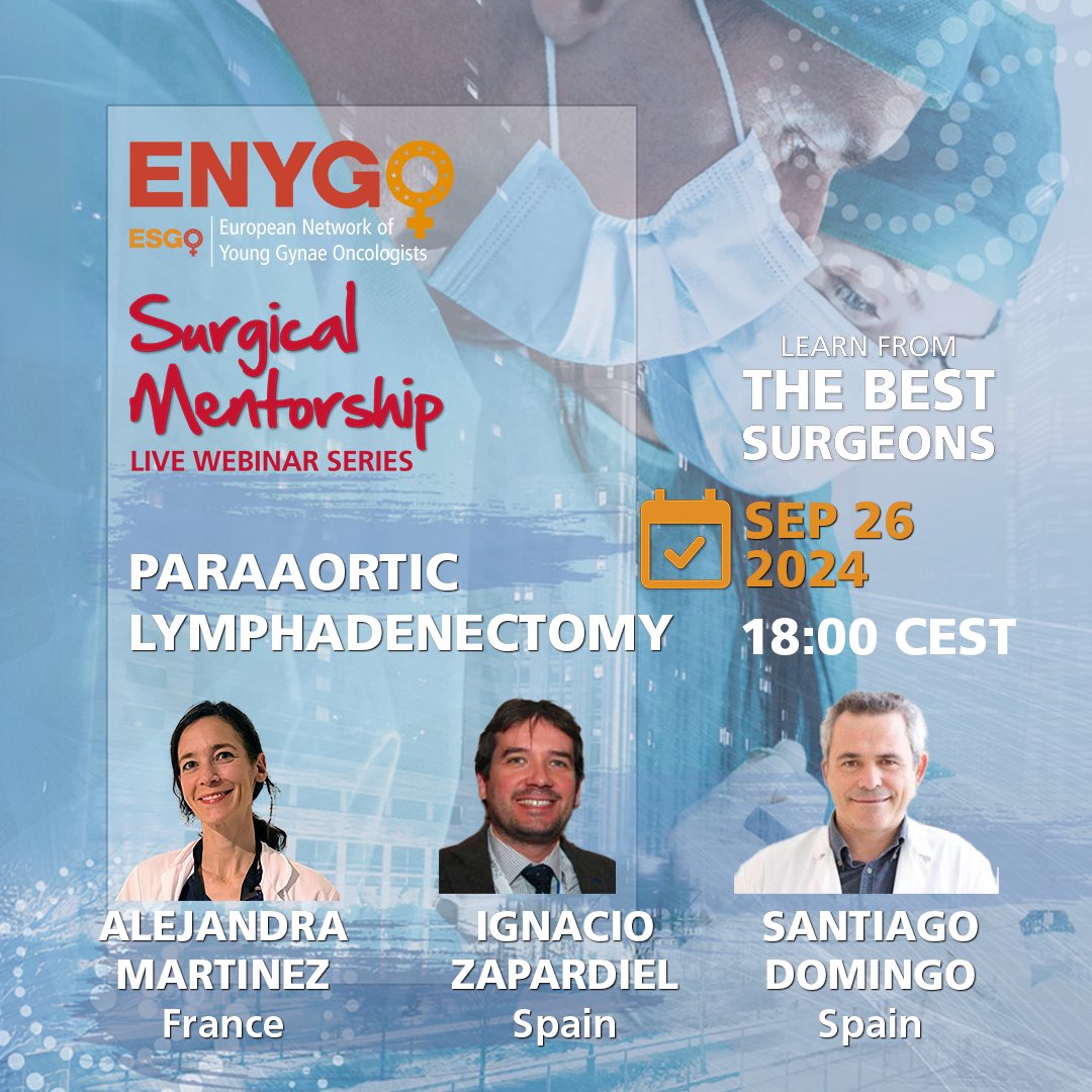 Looking forward to celebrate this afternoon the next <a href="/ENYGO_official/">European Network of Young Gynae Oncologists</a> <a href="/ESGO_society/">ESGO</a> surgical mentorship webinar about Paraaortic Lymphadenectomy with such a 🔝 experts! 
See you all!