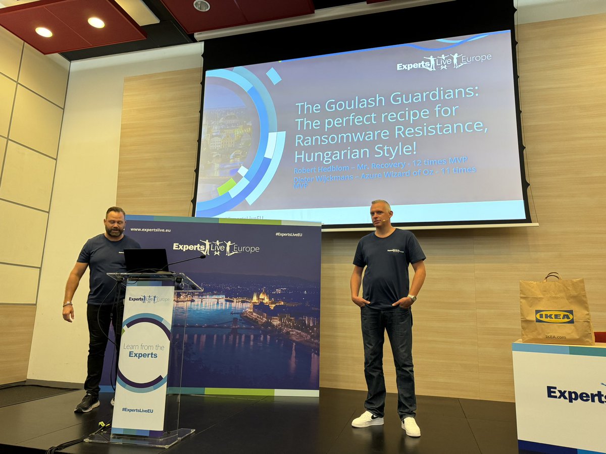 My favorite talk at #ExpertsLiveEU is on: „the goulash guardians: the perfect receipe for #ransomware resistance, Hungarian style“ with <a href="/RobertandDPM/">Robert Hedblom</a> and <a href="/DieterWijckmans/">Dieter Wijckmans</a>. Exciting!