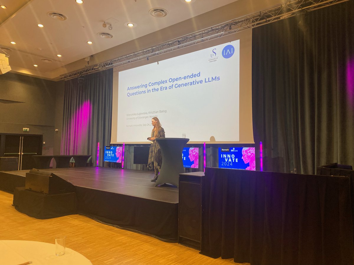 Weronika Łajewska (@weronika_laj) on Twitter photo I had a great opportunity to present our recent work done with <a href="/krisztianbalog/">Krisztian Balog</a> on generating grounded responses for conversational information-seeking queries at NorwAI Innovate 2024. Thank you for great questions and enlightening discussions! I had a great opportunity to present our recent work done with <a href="/krisztianbalog/">Krisztian Balog</a> on generating grounded responses for conversational information-seeking queries at NorwAI Innovate 2024. Thank you for great questions and enlightening discussions!
