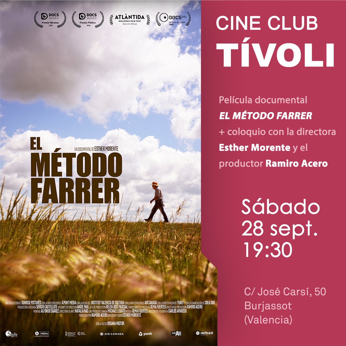 CINE + COLOQUIO 🎬 Este sábado 28 de septiembre a las 19:30 se celebrará en el Cine Tívoli de Burjassot (Valencia) el estreno de la nueva temporada de encuentros del Cine Club Tívoli, que tendrá como protagonista a la maravillosa película #ElMétodoFarrer, producida por Sunrise