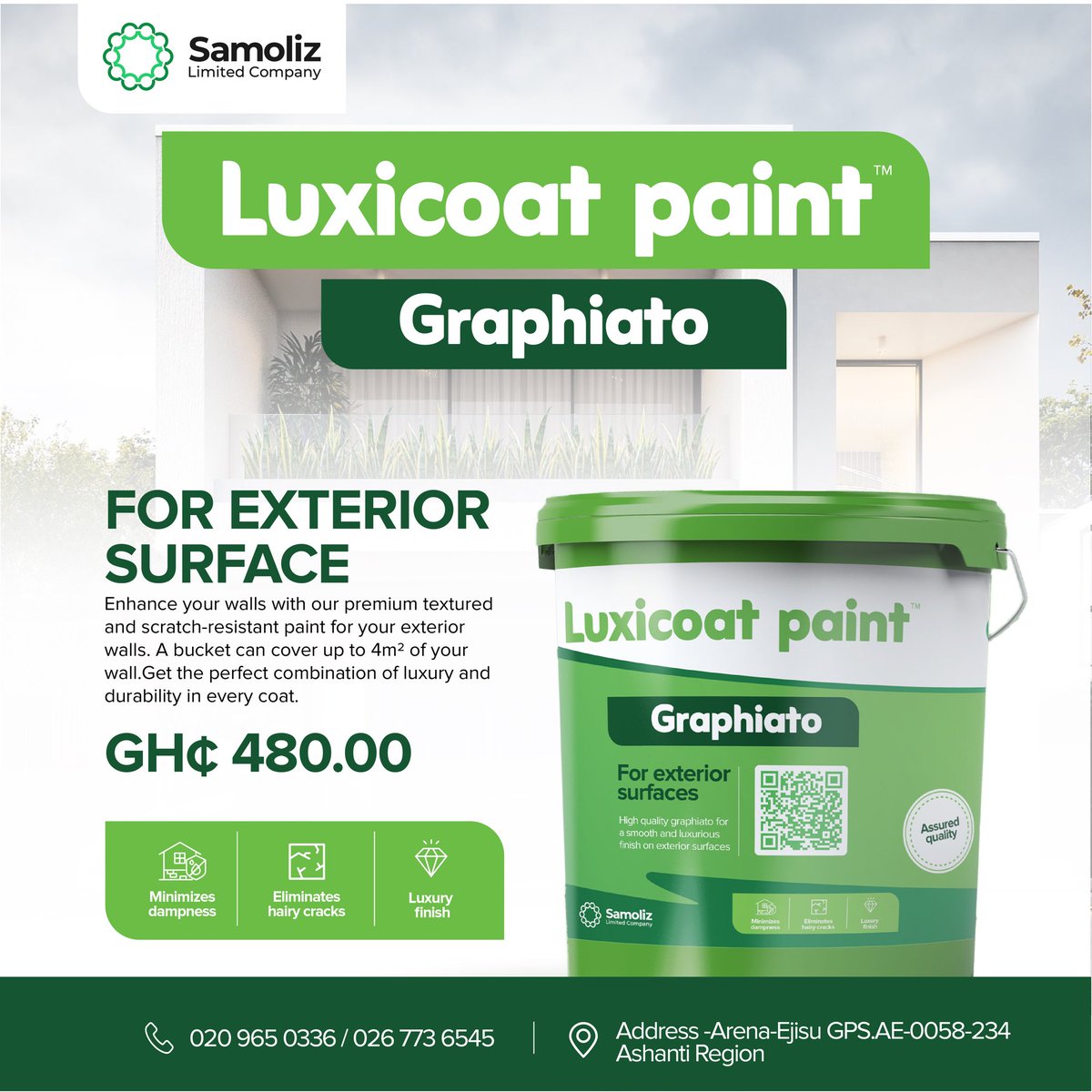Upgrade your exterior walls with Luxicoat Graphiato! Our premium finish adds a touch of elegance to any exterior wall at just GHS 480.00 per bucket.  Contact now to place your order! On 0209650336 or 026 773 6545 
#Ghana #Samolizltdcompany #decor #DevaraTrailer