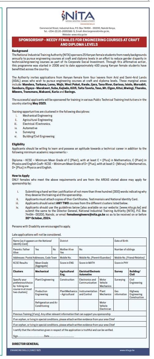 Engineering Scholarships for Women - Kenya by <a href="/nita_kenya/">NITA Kenya</a>