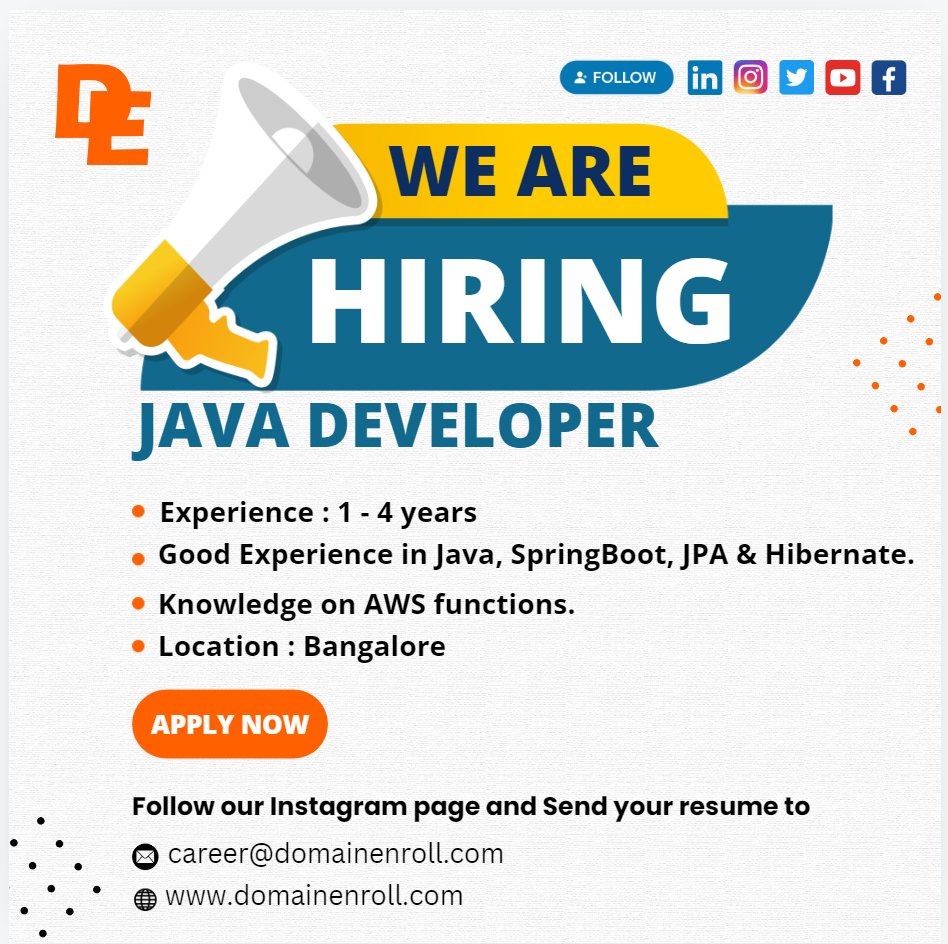 DomainEnroll's tweet image. We are hiring Java Developer !

Send your CV to :

career@domainenroll.com

follow us for updates :

Visit us: domainenroll.com
+91 8137000814

#job #hiring #jobvacancy #hiringnow #jobopenings #bangalore #javadeveloper #applynow