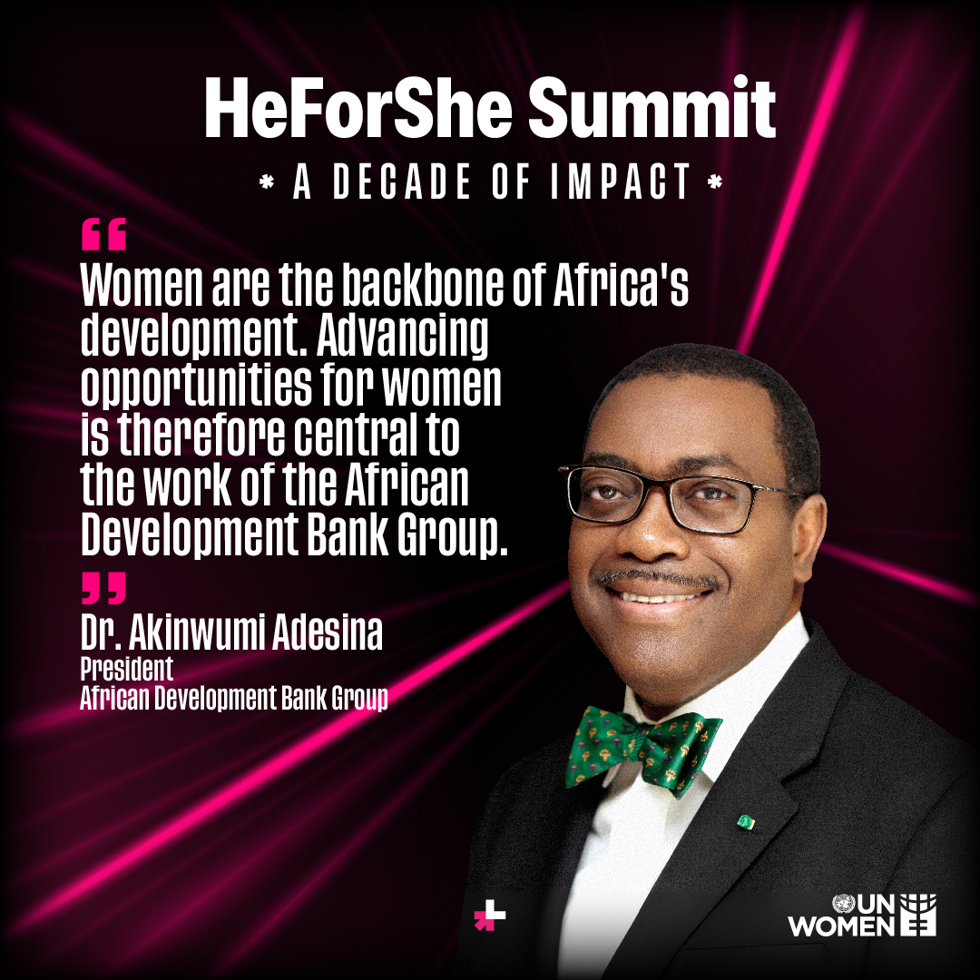 #HeForSheSummit: <a href="/AfDB_Group/">African Development Bank Group</a> Pres. <a href="/akin_adesina/">Dr. Akinwumi A. Adesina, CON, CGH</a> named as new <a href="/UN_Women/">UN Women</a> #HeForShe Champion.

The honour recognises Dr Adesina's leadership in advocating for #GenderEquality in #Africa and the Bank’s commitment to accelerating inclusive growth: bit.ly/3MU2bDg