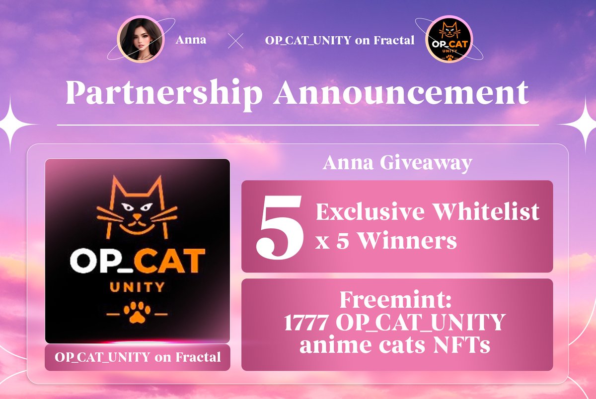 Anna_promoter's tweet photo. 🎐🎐 Ａｎｎａ 𝐏𝐚𝐫𝐭𝐧𝐞𝐫𝐬𝐡𝐢𝐩 𝐆𝐢𝐯𝐞𝐚𝐰𝐚𝐲 🎐🎐

🎁 5 Limited Whitelist x 5 Winners
📓 Freemint: for anime cats NFTs

𝑯𝒐𝒘 𝒅𝒐 𝑰 𝒕𝒂𝒌𝒆 𝒑𝒂𝒓𝒕❓ 
1⃣ Follow @Anna_promoter &amp; @opcatunity
2⃣ ❤️&amp; Retweet, tag 5 friends

📆Duration: SEP (25-27)

🅻🆄🅲🅺 https://t.co/vXCC0L7BMX