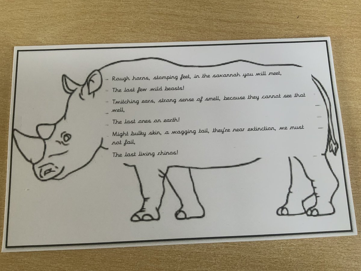 Otter class adopted a rhino this year and because it was world rhino day this past Sunday, it is the reading theme this week. On Monday they explored different fact files, yesterday they looked at poems and even created a collaborative shape poem- just WOW Year 3.