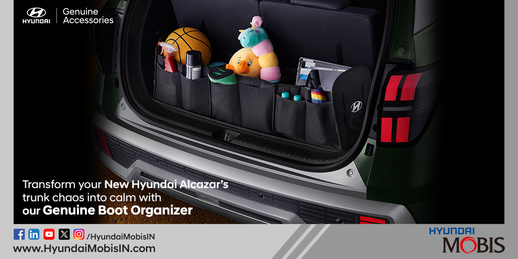 HyundaiMobisIN's tweet image. Clutter-free is the way to be! Keep your Alcazar's boot space organized with our boot organizer. From groceries to gear, everything stays in place, no matter where the road takes you.

#BootOrganizer #AlcazarStyle #RoadTripReady #ClutterFree #SmartStorage #CarAccessories