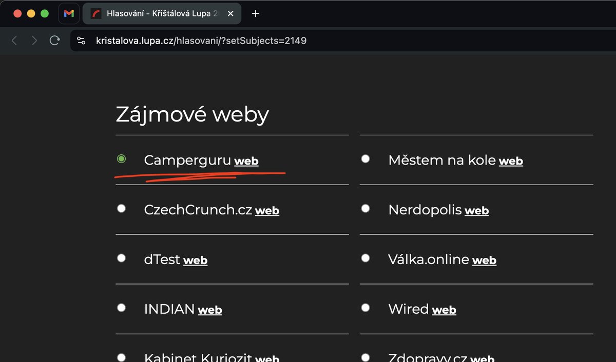 Neuvěřitelný! 🚀 Naše továrna na úsměvy, projekt <a href="/camperguru/">Camperguru</a> byl právě nominovaný na Křišťálovou Lupu v kategorii "Zájmové weby". — Podpoříte nás taky? ❤️

kristalova.lupa.cz/hlasovani/?set…