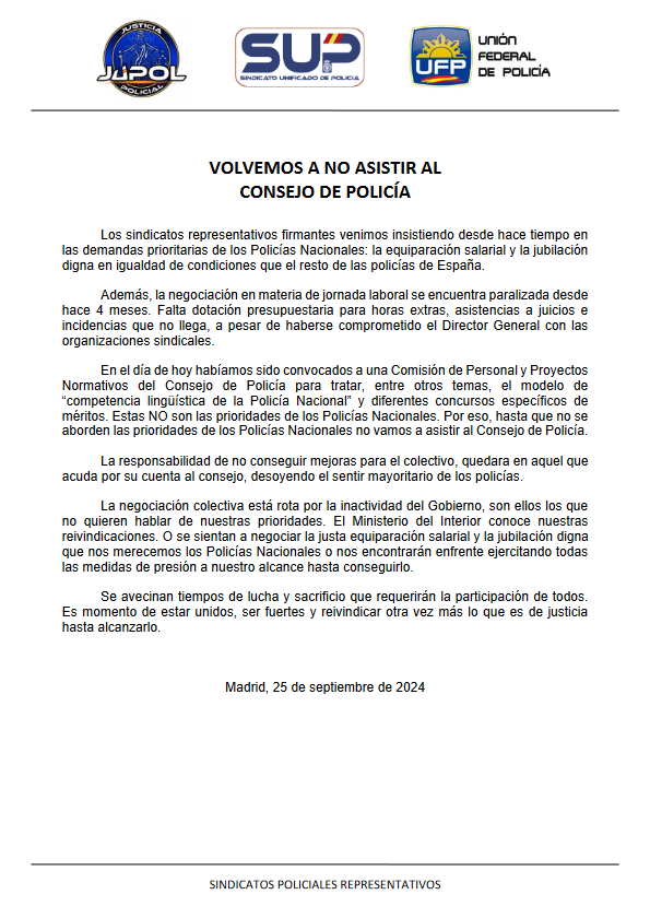 JupolNacional's tweet photo. #ÚltimaHoraPolicial

La negociación colectiva está rota en Policía Nacional

#Comunicado

“VOLVEMOS A NO ASISTIR AL CONSEJO DE POLICÍA” https://t.co/JaLfd0hqfM