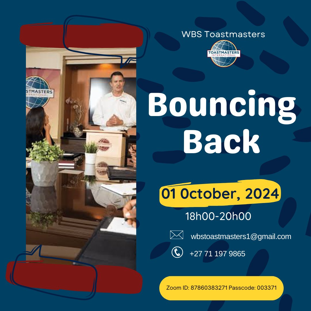 ToastmastersWBS's tweet photo. ✨ Bouncing Back! ✨

Join us for our next WBS Toastmasters meeting:
📅 01 Oct 2024
⏰ 18h00 - 20h00
🔗 Zoom ID: 87860383271 | Passcode: 003371

Let’s grow, learn, and build confidence together! 🌟

#Toastmasters #Leadership #PublicSpeaking #BouncingBack #WBS https://t.co/kEgiBaJoRx
