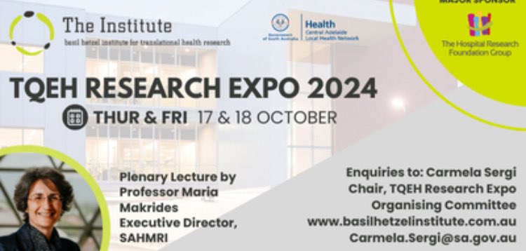 Basil Hetzel Institute (@bhiresearch) on Twitter photo Join us for TQEH Research Expo 2024 being held on Thurs 17th and Fri 18th of October
We look forward to seeing you there!
<a href="/SAHealth/">SA Health</a> <a href="/CentralAdlLHN/">Central Adelaide</a> <a href="/hosp_research/">The Hospital Research Foundation Group</a> <a href="/UniofAdelaide/">Uni of Adelaide</a> <a href="/UniversitySA/">UniSA</a> #BHIresearch #TQEHresearch #TQEHExpo2024 Join us for TQEH Research Expo 2024 being held on Thurs 17th and Fri 18th of October
We look forward to seeing you there!
<a href="/SAHealth/">SA Health</a> <a href="/CentralAdlLHN/">Central Adelaide</a> <a href="/hosp_research/">The Hospital Research Foundation Group</a> <a href="/UniofAdelaide/">Uni of Adelaide</a> <a href="/UniversitySA/">UniSA</a> #BHIresearch #TQEHresearch #TQEHExpo2024