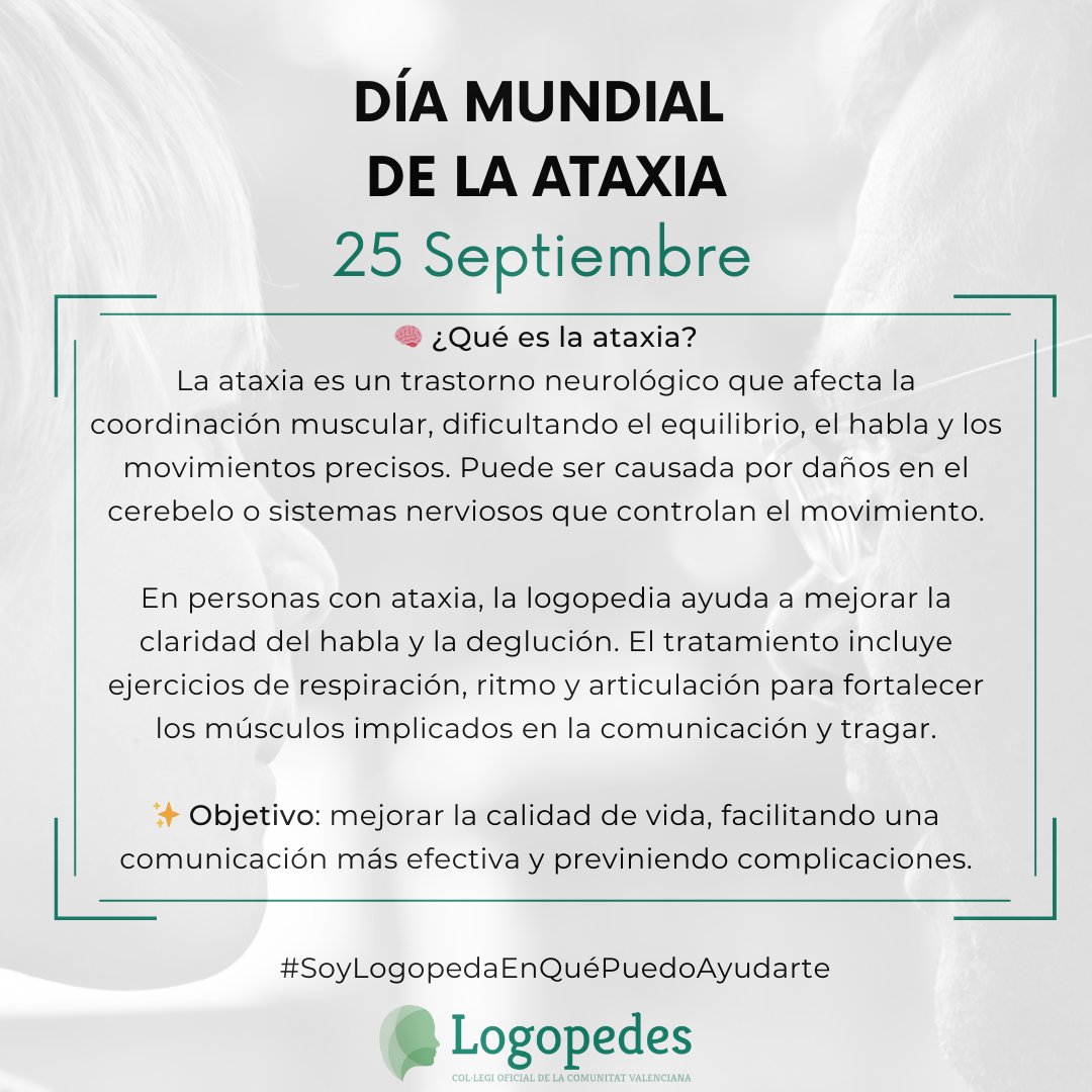 🧠 Hoy es el Día Mundial de la Ataxia. La logopedia es clave en el apoyo a quienes conviven con esta enfermedad, mejorando sus habilidades de comunicación y deglución 🥤. ¡Hagamos conciencia juntos! ❤️🌍
📢 #DíaMundialDeLaAtaxia #Ataxia #LogopedasCVC #ComunidadValenciana