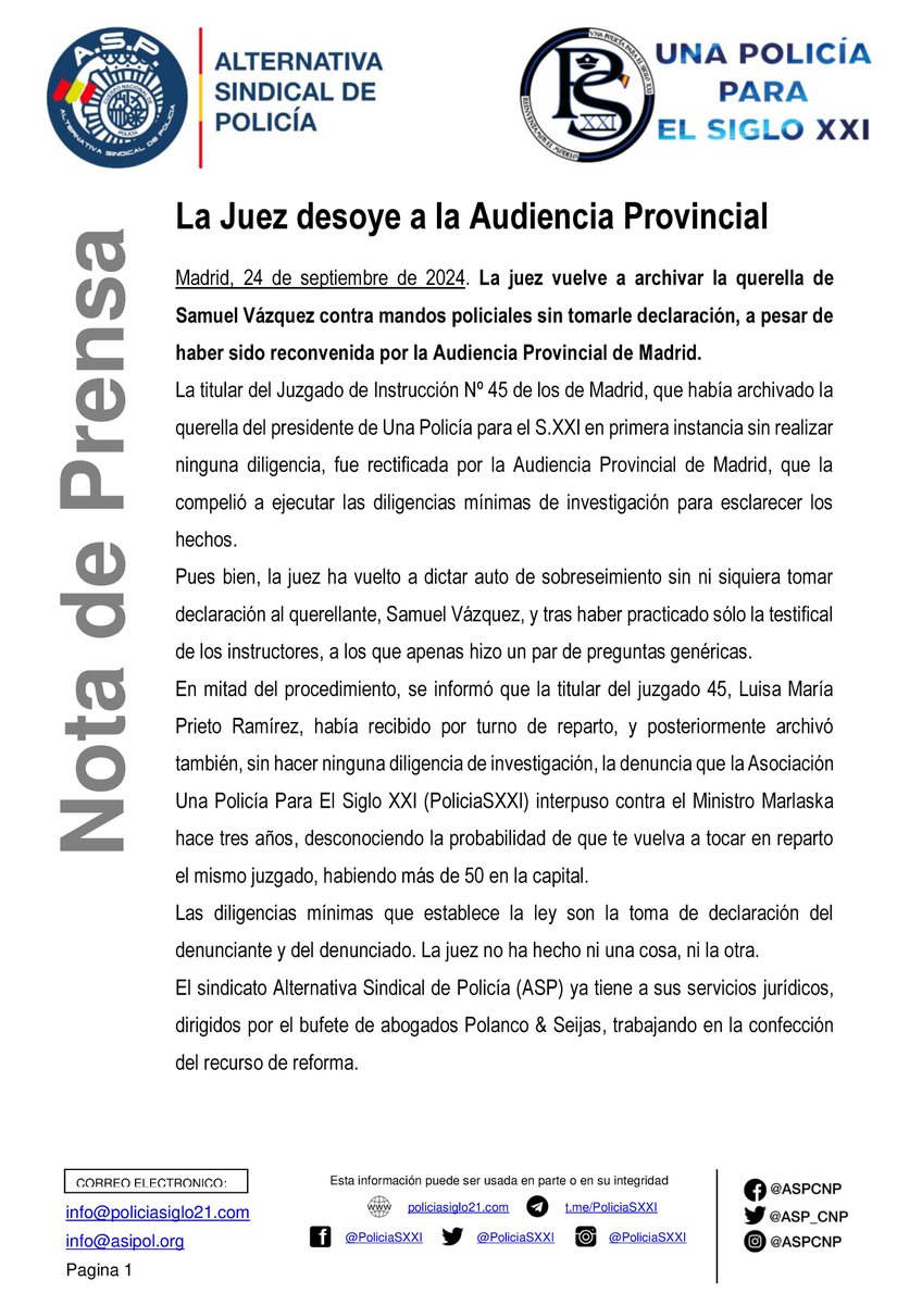 PoliciaSXXI's tweet photo. #NotaDePrensa -La titular del Juzgado 45 de Madrid vuelve a archivar la querella de Samuel Vázquez @guidoprincesa, pdte de @PoliciaSXXI, contra Marlaska y sus caciques sin realizar las diligencias mínimas por ley.
Los servicios jurídicos de @PoliciaASP ya preparan el recurso. https://t.co/gliVyRg8P7