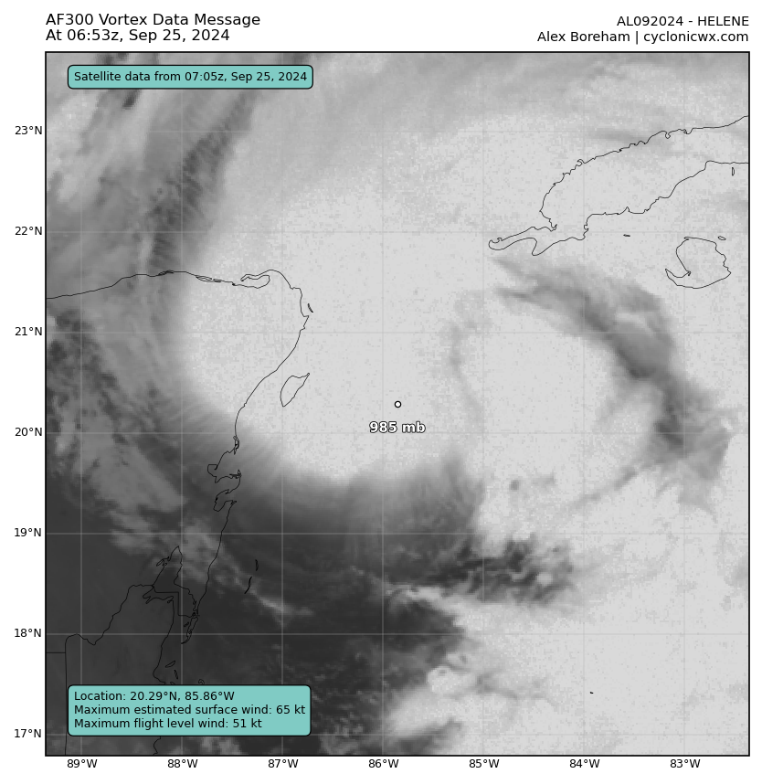 Robert_Weather1's tweet photo. Latest VDM from the hurricane hunters for #Helene reveals they are now reporting maximum sustained surface winds of 65kts. Do we now have Hurricane Helene https://t.co/4Ixw5qL2lD