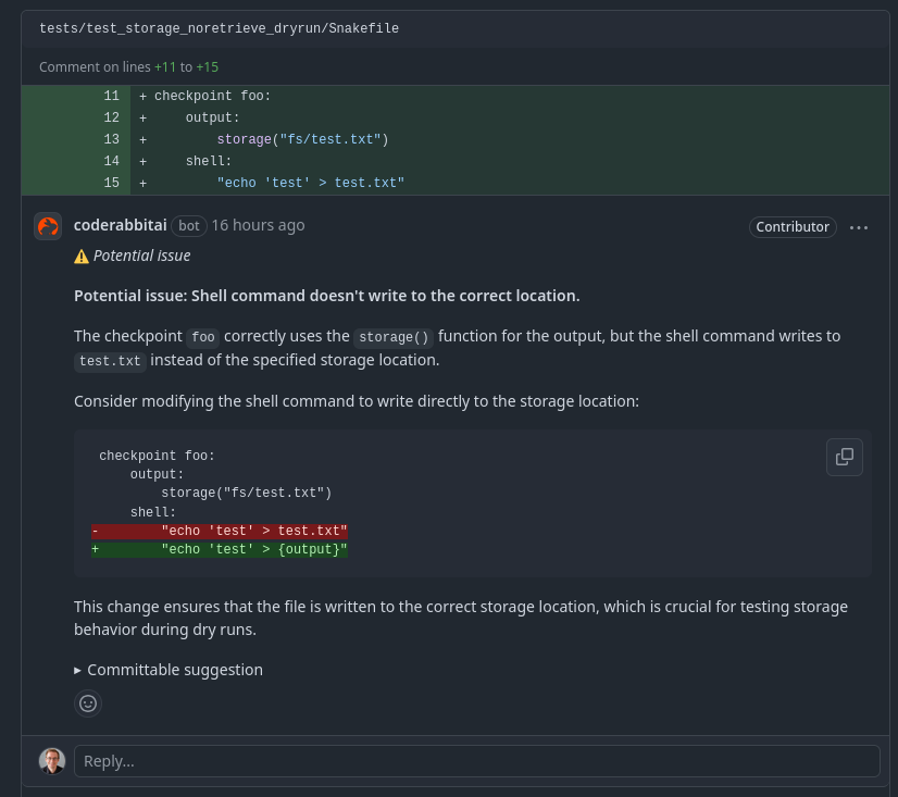 I just discovered that <a href="/coderabbitai/">CodeRabbit</a> is also able to find bugs in #Snakemake workflows: