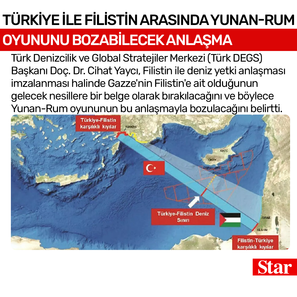 Türkiye ile Filistin arasında Yunan-Rum oyununu bozabilecek anlaşma

Türk Denizcilik ve Global Stratejiler Merkezi (Türk DEGS) Başkanı Doç. Dr. Cihat Yaycı, Filistin ile deniz yetki anlaşması imzalanması halinde Gazze'nin Filistin'e ait olduğunun gelecek nesillere bir belge