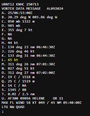 Robert_Weather1's tweet photo. Latest VDM from the hurricane hunters for #Helene reveals they are now reporting maximum sustained surface winds of 65kts. Do we now have Hurricane Helene https://t.co/4Ixw5qL2lD