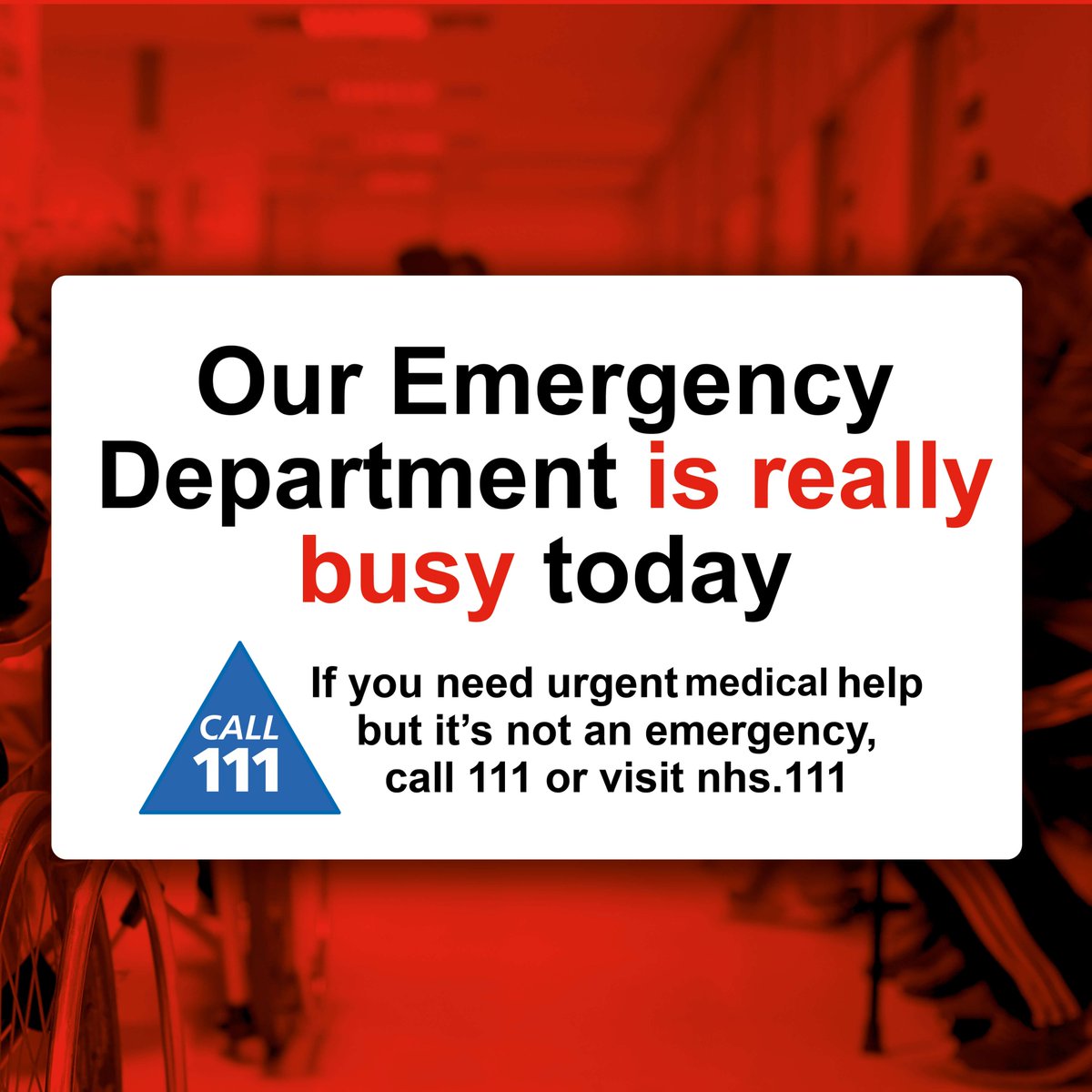 WWLNHS's tweet photo. ⚠️The emergency department is extremely busy today, please only attend for medical emergencies⚠️ 

Unless your condition is life-threatening, use https://t.co/1JfIflKOgF to be directed to the right care for you.  

Keep our Emergency Department free for those who really need it. https://t.co/K0cNCFakG9