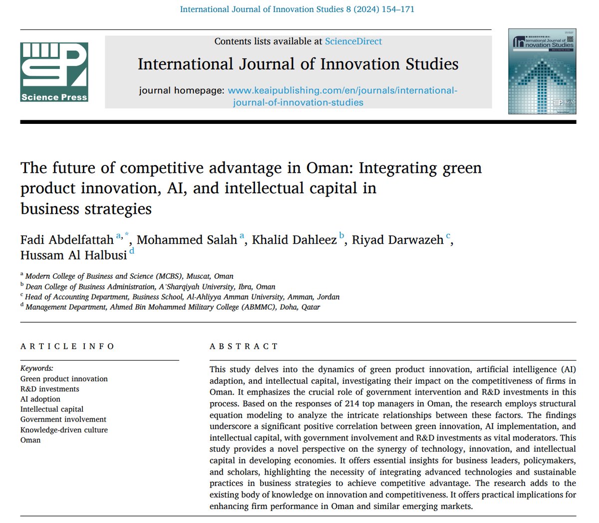 📰#NewArticle in 2024  

"The future of competitive advantage in Oman: Integrating green product #innovation, #AI, and intellectual capital in #business #strategies"  

Read more: sciencedirect.com/science/articl…