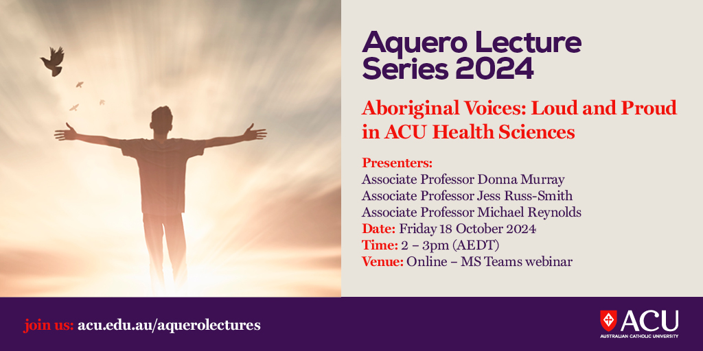 Join us for the 2nd Aquero Lecture Series 2024, presented by FHS <a href="/acualliedhealth/">ACU School of Allied Health</a> and hosted by ACU's Pro-Vice Chancellor (Indigenous) Kelly Humphrey, featuring keynote speaker A/Prof Donna Murray, from <a href="/IAHA_National/">IAHA</a>. Register - acu.edu.au/aquerolectures