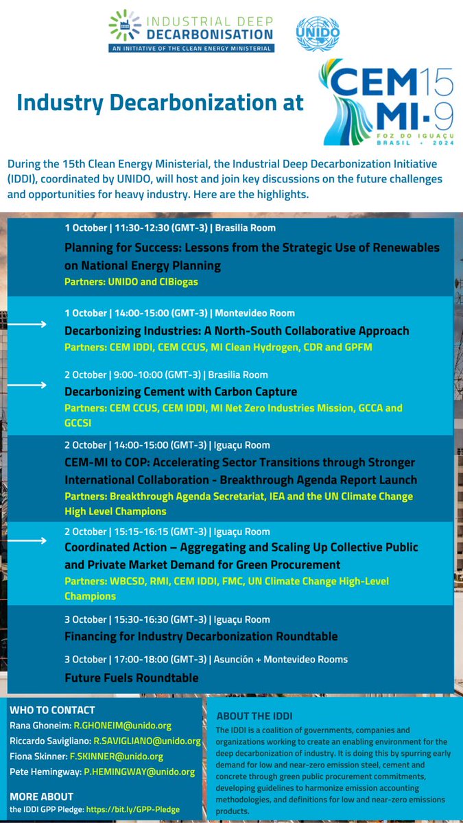 UNIDO's Industrial Decarbonization Accelerator (@eeaccelerator) on Twitter photo 📢 Only 1 week to go!
We're only 1 week away from the 15th #CleanEnergy Ministerial (#CEM15) and the 9th Mission Innovation (#MI9) ministerial meetings in Foz do Iguacu, 🇧🇷#Brazil, taking place on 30-Sep to 4-Oct 2024!
Learn more here 👉 cemmibrazil.com #IDDI 📢 Only 1 week to go!
We're only 1 week away from the 15th #CleanEnergy Ministerial (#CEM15) and the 9th Mission Innovation (#MI9) ministerial meetings in Foz do Iguacu, 🇧🇷#Brazil, taking place on 30-Sep to 4-Oct 2024!
Learn more here 👉 cemmibrazil.com #IDDI