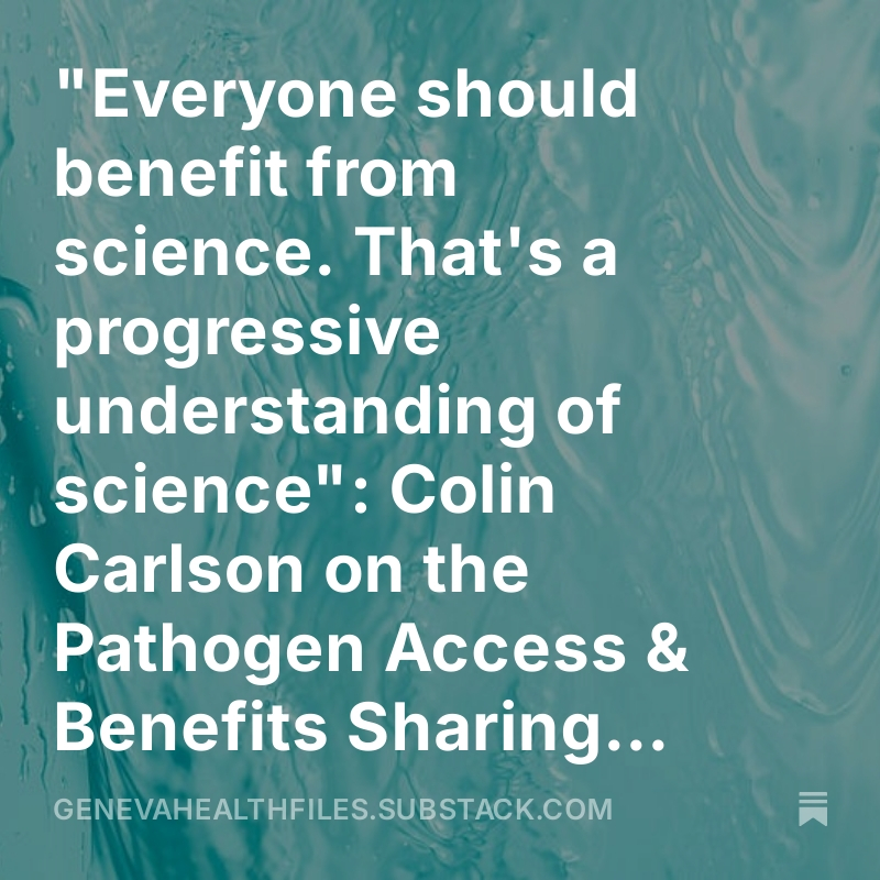 Priti Patnaik (@pretpat) on Twitter photo New podcast episode from us <a href="/FilesGeneva/">Geneva Health Files</a>
"Everyone should benefit from science. That's a progressive understanding of science": <a href="/ColinJCarlson/">Colin Carlson</a>
on the Pathogen Access & Benefits Sharing System
genevahealthfiles.substack.com/p/everyone-sho… New podcast episode from us <a href="/FilesGeneva/">Geneva Health Files</a>
"Everyone should benefit from science. That's a progressive understanding of science": <a href="/ColinJCarlson/">Colin Carlson</a>
on the Pathogen Access & Benefits Sharing System
genevahealthfiles.substack.com/p/everyone-sho…
