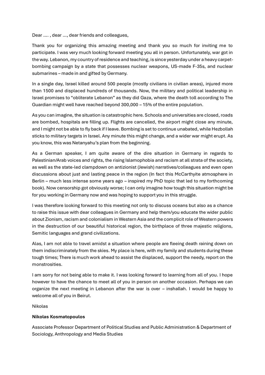 Due to the ongoing Israeli war on #Lebanon I canceled my trip to a conference on oceans in #Germany and emailed the organisers about what I was planning to tell them had I made it there.