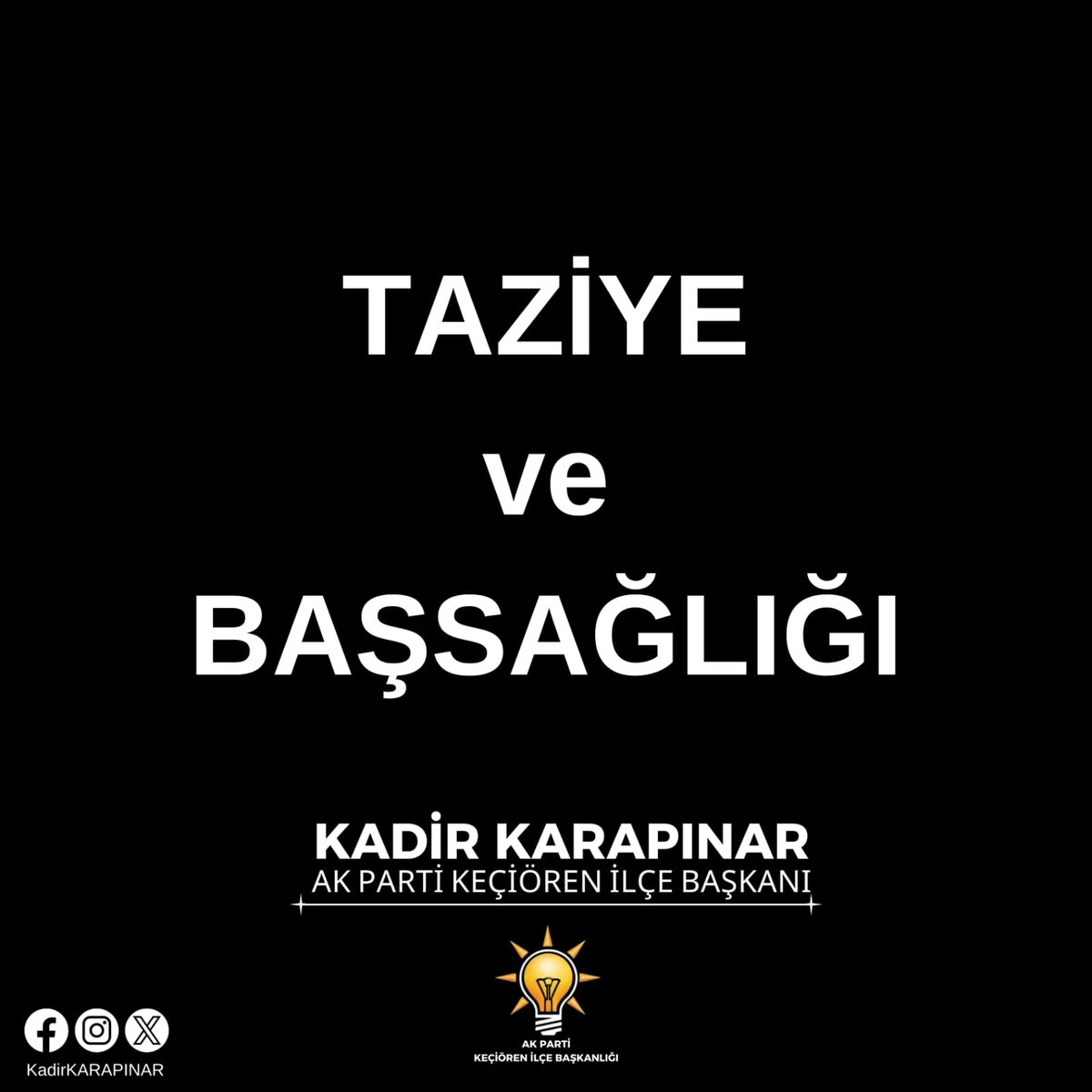 Geçmiş Dönem  Yönetim Kurulu Üyemiz İlyas Kadir Karaman'ın Babası Nuri Karaman'ın vefatını derin üzüntü ile öğrenmiş bulunuyoruz.

Merhuma Allah'tan rahmet yakınlarına ve sevenlerine başsağlığı dileriz.

<a href="/RTErdogan/">Recep Tayyip Erdoğan</a> <a href="/hakanhanozcan/">Hakan Han ÖZCAN 🇹🇷</a> <a href="/AkpartiAnkara/">AK Parti Ankara</a> <a href="/AKadirkarapinar/">Kadir KARAPINAR🇹🇷</a>