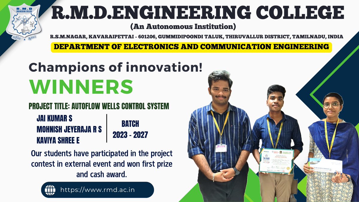rmd_ece's tweet photo. Congratulations to our brilliant winners! Your innovation and hard work have truly paid off!!! Keep up your good work!!!

#ece #rmdengineeringcollege #rmkgroupofinstitutions #studentwinners https://t.co/RpdxqEGKWr