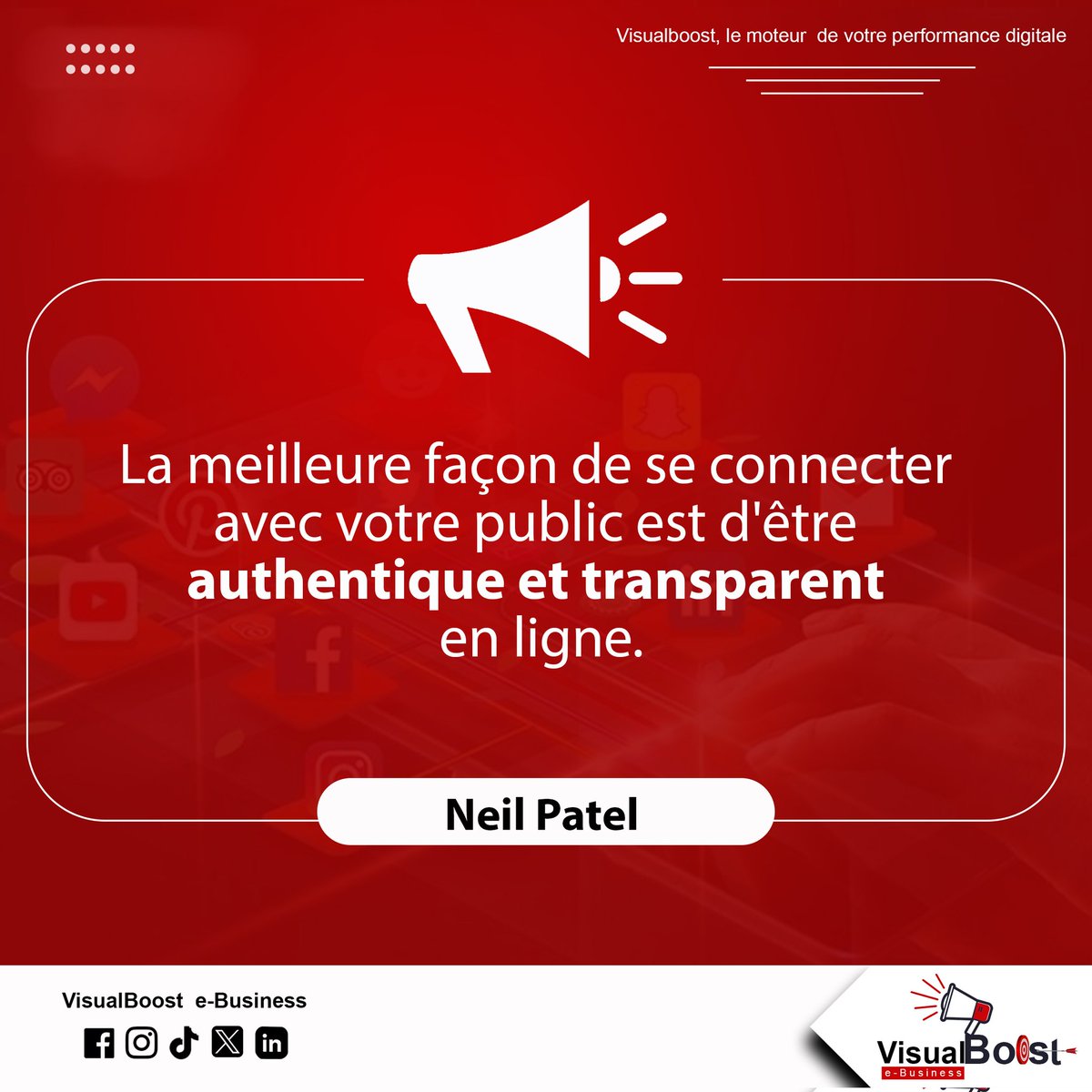 Visualboost_eB's tweet image. La meilleure façon de se connecter avec votre public est d&apos;être authentique et transparent en ligne en partageant des contenus sincères, en montrant les coulisses de votre entreprise, et en interagissant de manière honnête avec votre audience. Cela crée une relation de confiance.