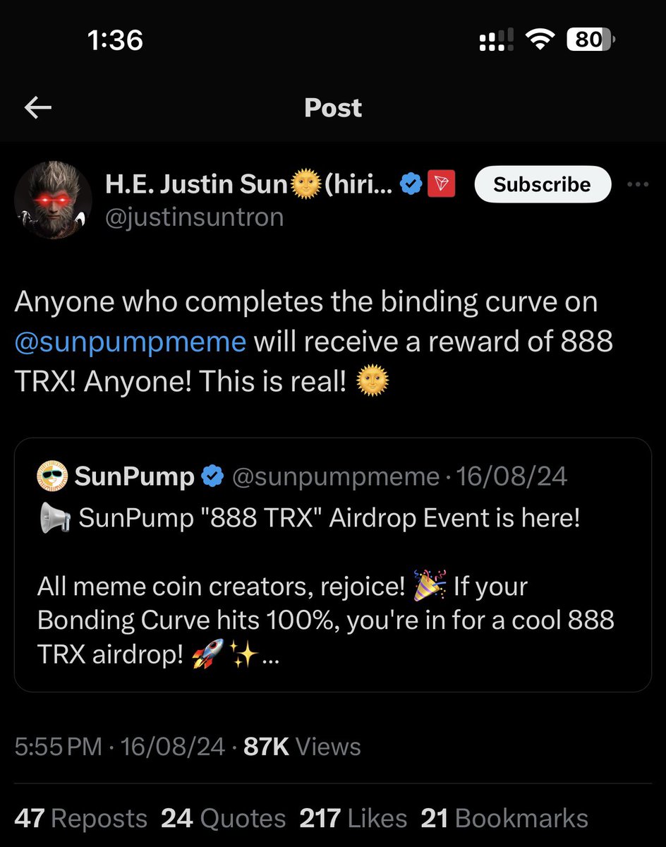 #Sunpump did scam with people 
They announce 888 $TRX reward for successfully bonding curve project owner on 16-08-2024 
But they didn’t pay any single penny to the creator 
And after one month they announced the same reward and delete the old post 
Scammer always failed
