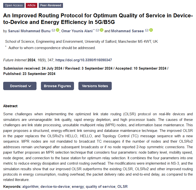 FutureInternet6's tweet photo. 🔔🔔🔔 #MDPIfutureinternet [New Published Papers in 2024] 

Title: An Improved Routing Protocol for Optimum Quality of Service in Device-to-Device and Energy Efficiency in #5G/#B5G

https://t.co/KuytYX1CDu  

#algorithm #devicetodevice #qualityofservice #OLSR

@ComSciMath_Mdpi https://t.co/SSxDIEfdDm