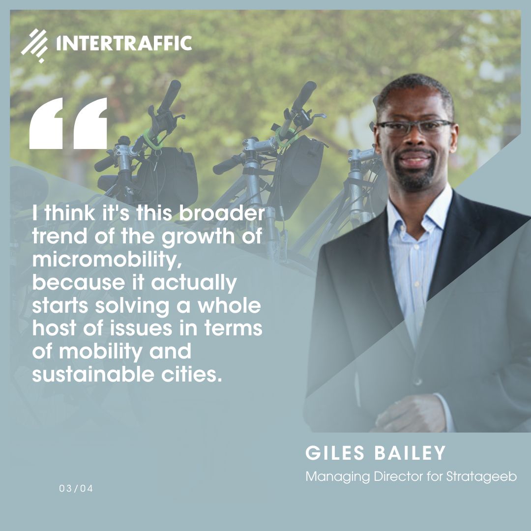 intertraffic's tweet photo. 🌍 Giles Bailey of Stratageeb shares insights on how micromobility is solving urban mobility and sustainability challenges.
What are your thoughts on these trends? 💬
#Intertraffic #SustainableTransport #Micromobility https://t.co/VRFDOs7Z0P