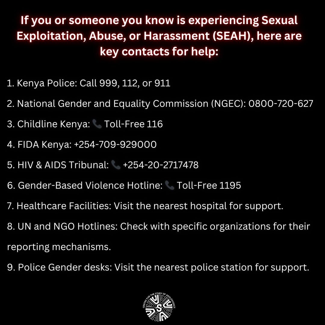 CSA_Kenya's tweet photo. Together, we can create a safer community. It's important that you know there are reliable reporting channels in Kenya ready to support you. Your story is important. Speak up and seek help. You’re not alone. 💜
#EndSEAH #GenderEquality #SpeakUp https://t.co/U2rD4cgo51
