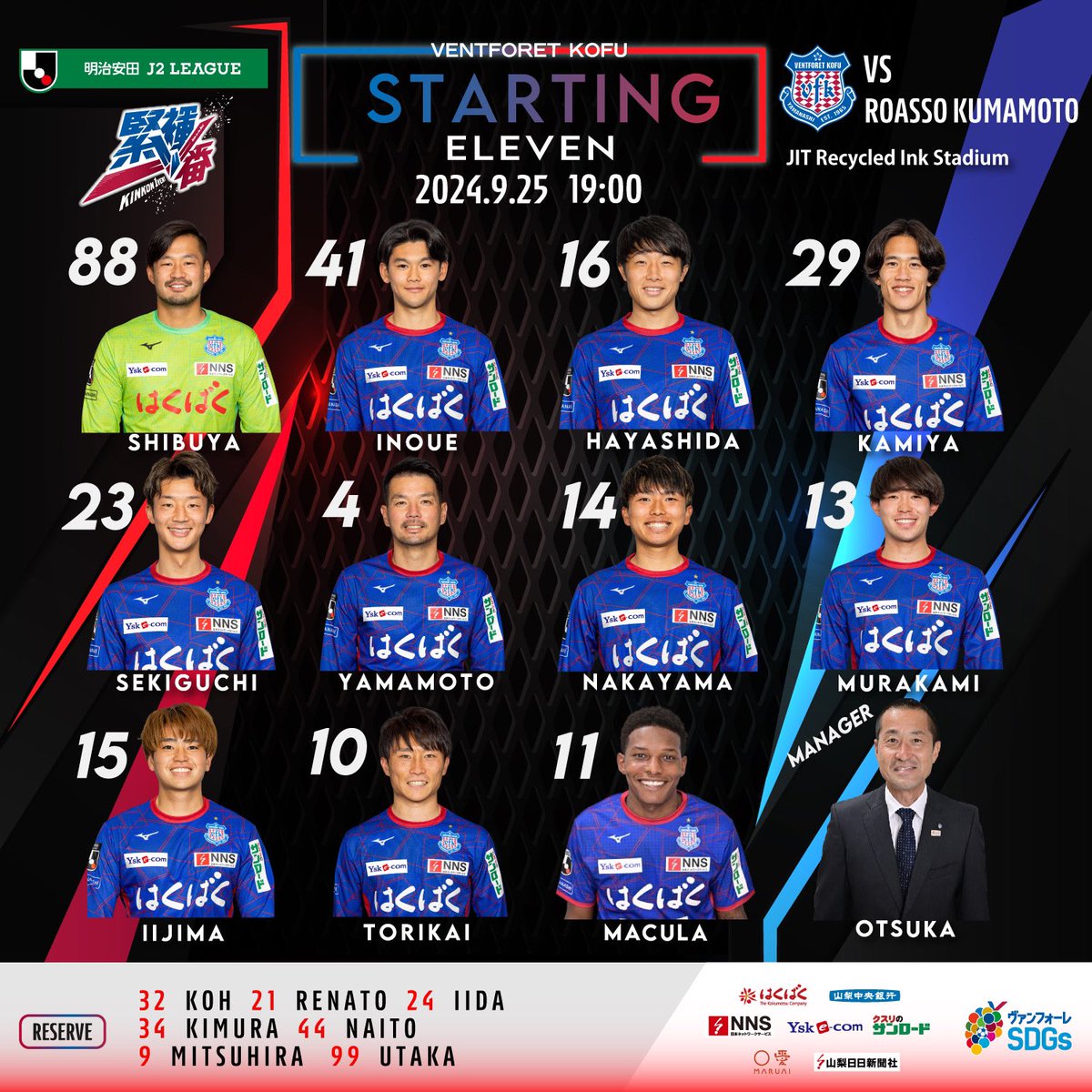 9/25 #甲府熊本

◥◣ 𝑺𝑻𝑨𝑹𝑻𝑰𝑵𝑮 𝑿𝑰 ◢◤
━━━━━━━━━━━━━━━━━
#VitalFightingKnights 💙♥️
本日の #スターティングメンバー ⚽
━━━━━━━━━━━━━━━━━

#DAZN 📺でも応援を！ bit.ly/3bLTsiu

#vfk #緊褌一番 #Unite
#Ｊリーグ