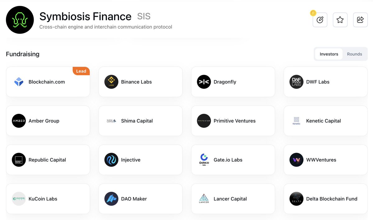 Symbiosis 投资机构Symbiosis 获得了Blockchain . com、Binance Labs、Dragonfly、DWF Labs  等知名机构的$2M 融资。