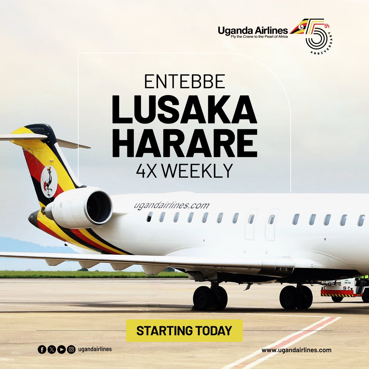 NakanwagiGloria's tweet photo. "Congratulations to @UG_Airlines on an exciting milestone! 🌍✈️ With the launch of flights to Lusaka and Harare, you’ve now reached 16 destinations in just 5 years! Here’s to even more skies conquered and continued growth! #FlyUgandaAirlines #AviationMilestone #UGAirlines" https://t.co/rSuJPlUMKg