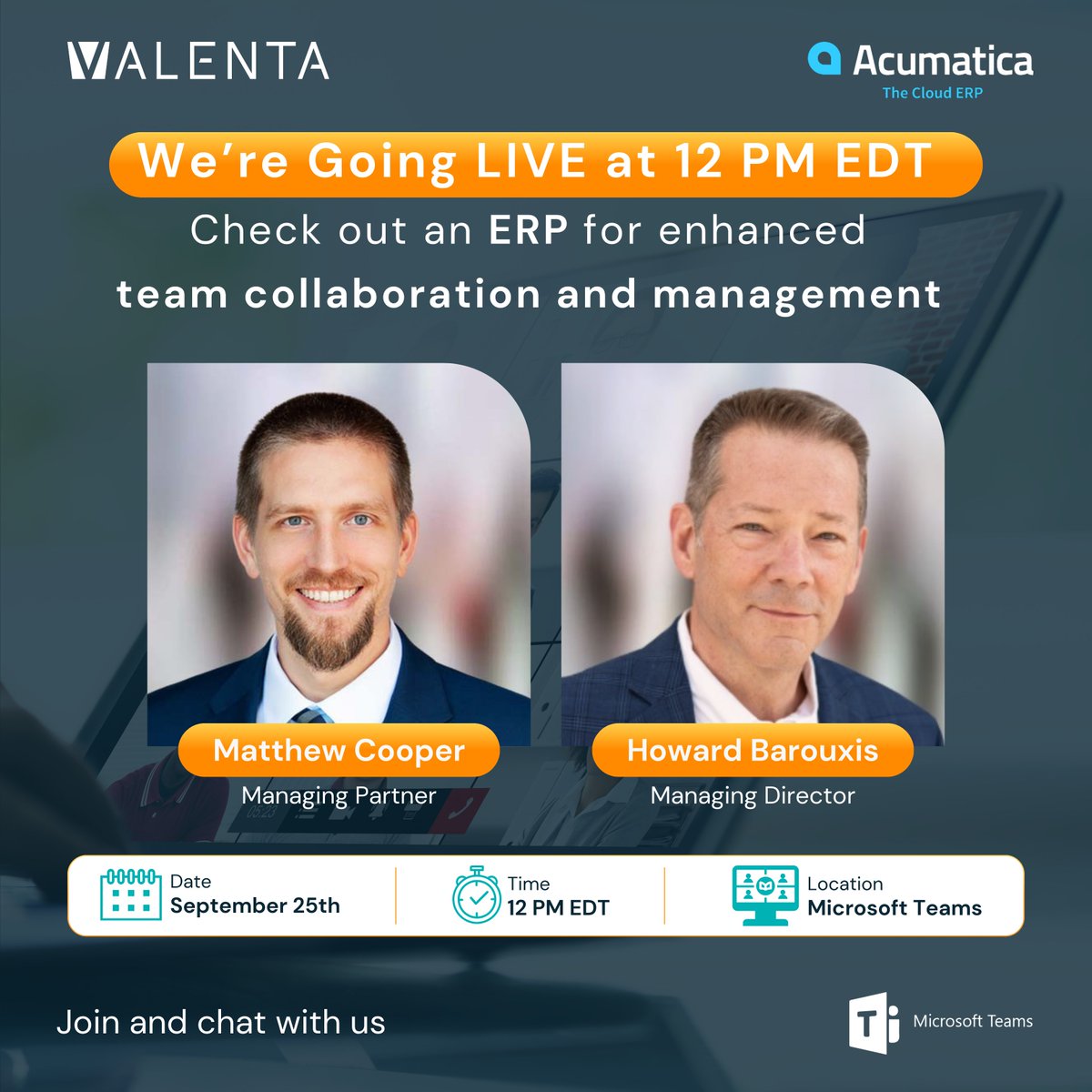 We're going Live in 5 hours. See you at the webinar. Our ERP experts, Matt and Howard, await chatting with you.
web.cvent.com/event/b73d1479…

See you there!

<a href="/Acumatica/">Acumatica</a> #CloudERP #TechEvent #BusinessTransformation #digitaltransformation #BusinessOptimization