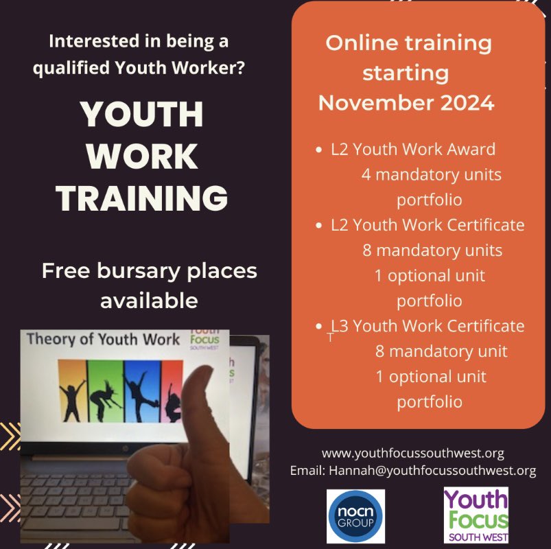 focus_sw's tweet photo. We have some of the last few free bursary places on youth work courses available! If you are in Devon or Plymouth and interested in either L2 Youth Work Award, L2 Youth Work Certificate or L3 Youth Work Certificate then contact hannah@youthfocussouthwest.org https://t.co/VoJVTsql8n