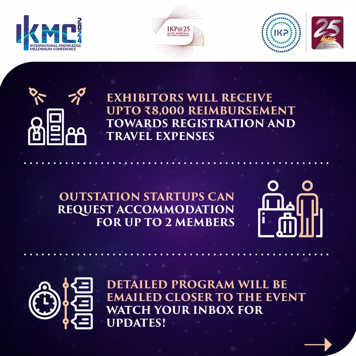 IKP_SciencePark's tweet photo. #IKMC 2024 is almost here!
How can you register and make the most of your IKMC experience? Swipe to find out info on registration, travel support (₹8000), and accommodation. Everything you need for Hyderabad is right here!
#EventInfo #TravelAssistance #Conference #Hyderabad https://t.co/t3aordmBvH