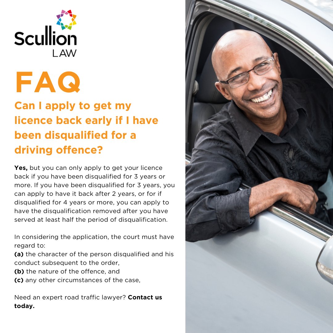 If you've been disqualified from driving, you may not have to wait out the full term. Contact us today to explore your options.

scullionlaw.com/road-traffic-l…

#DrivingBan #RoadTrafficLaw #ScullionLAW #YourLawFirmForLife #DrivingDisqualification