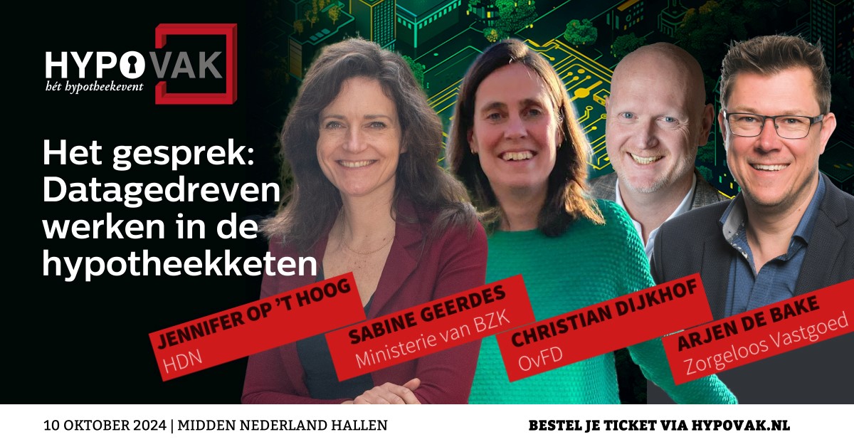 Tijdens #HypoVak gaan vier experts op het gebied van digitaliseren met elkaar de dialoog aan over datagedreven werken in de hypotheekketen: Jennifer op ’t Hoog, Sabine Geerdes, <a href="/XtianDijkhof/">Christian Dijkhof</a> en Arjen de Bake. Meer info: ow.ly/beUF50Tv0ck