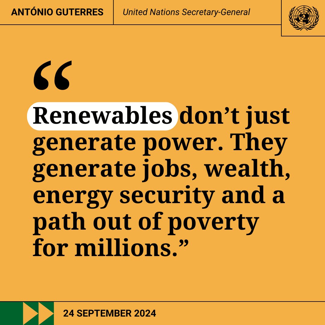 "It is time for a rapid and just phase-out of fossil fuels, and a rapid and smart scale-up of renewables to drive sustainable development, energy security and economic prosperity"—@AntonioGuterres to world leaders at #UNGA: news.un.org/en/story/2024/… #ClimateAction