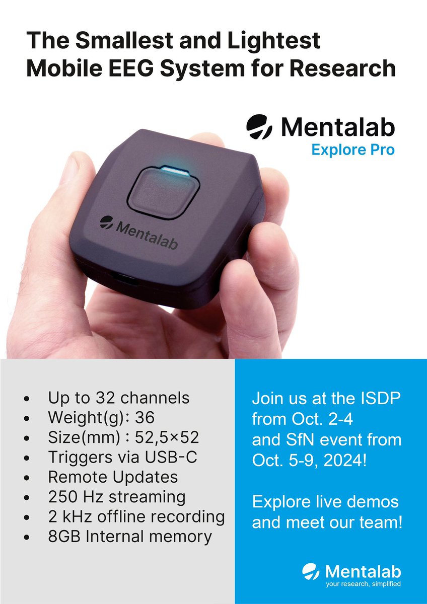 🔔Join Mentalab   at ISDP (Oct 2-4) and the SfN24 (Oct 5-9)!


Catch up with us and explore our cutting-edge technology. We look forward to seeing you there! 

#Mentalab #ISDP2024 #sfn24