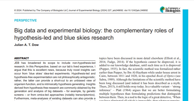 Journal of Experimental Biology (@j_exp_biol) on Twitter photo Recently, JEB broadened its scope to include research that is non-hypothesis driven. In his new Perspective, <a href="/tubuleguy/">Julian Dow</a> discusses why he thinks this is wonderful news as novel insights can sometimes come from idea-led experiments
journals.biologists.com/jeb/article/22… Recently, JEB broadened its scope to include research that is non-hypothesis driven. In his new Perspective, <a href="/tubuleguy/">Julian Dow</a> discusses why he thinks this is wonderful news as novel insights can sometimes come from idea-led experiments
journals.biologists.com/jeb/article/22…