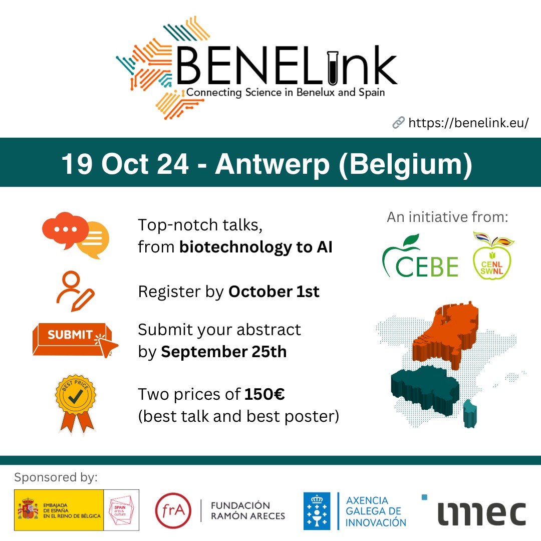 CEBE_Belgica's tweet photo. 📢  BENELink - October 19th - Antwerp
👉 Keynote speakers from BENELUX and Spain
🗣️Talks about biotechnology &amp; artificial intelligence
🗓️ Abstracts till 25/09
🏆Prices of 150€
🗓️ Register before 01/10
🔗https://t.co/0Z8ypjiZaY
@CENL_SWNL https://t.co/uLelvwrv1Z